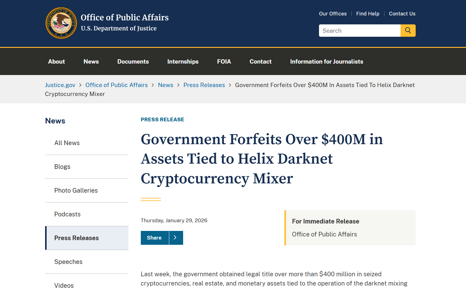 Thông báo chính thức từ Bộ Tư Pháp Mỹ