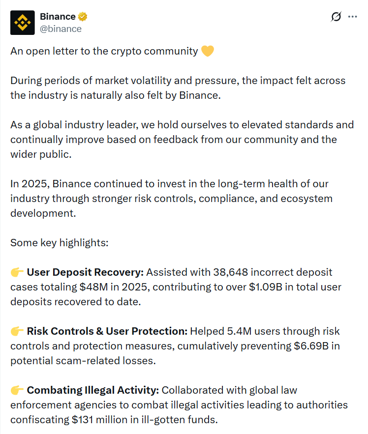 Thông báo của Binance trên X