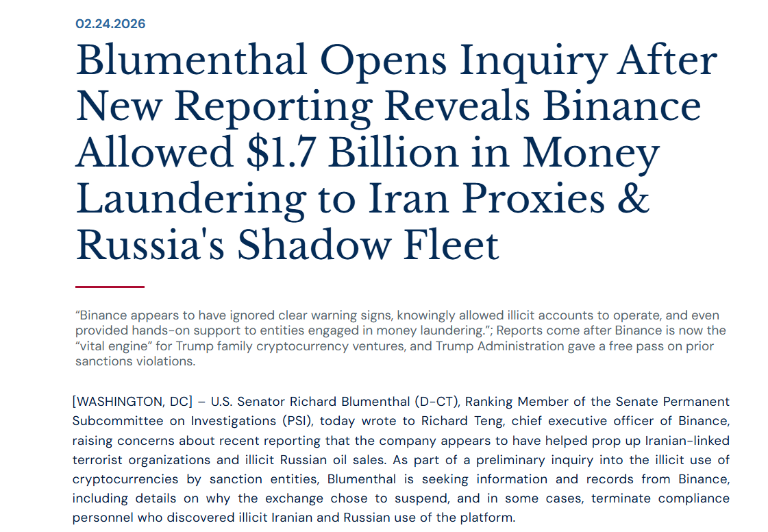 Thượng nghị sĩ Mỹ mở cuộc điều tra Binance sau cáo buộc vi phạm lệnh trừng phạt