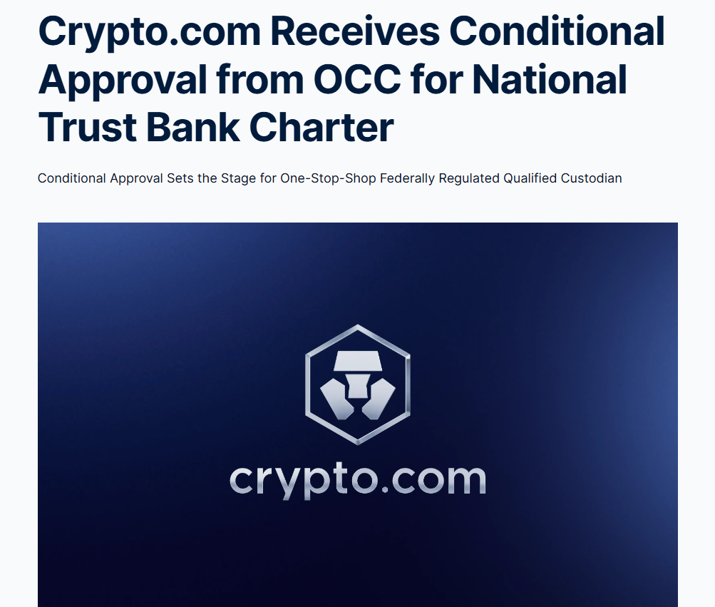Crypto.com được chấp thuận để thành lập ngân hàng ủy thác quốc gia tại Mỹ