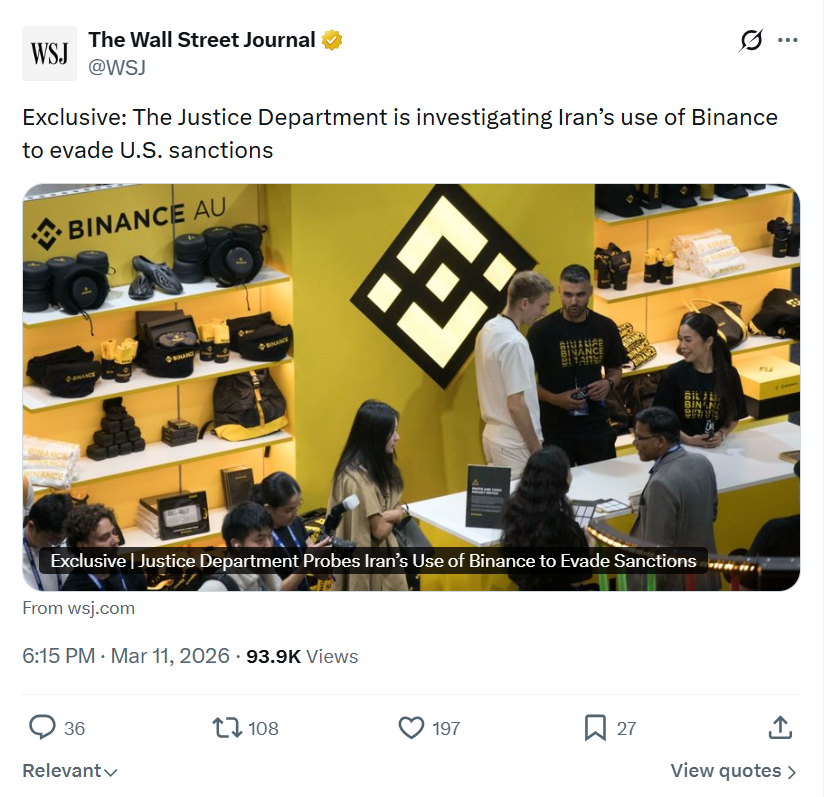Bộ Tư pháp Mỹ điều tra Binance, cáo buộc hỗ trợ Iran chuyển tiền
