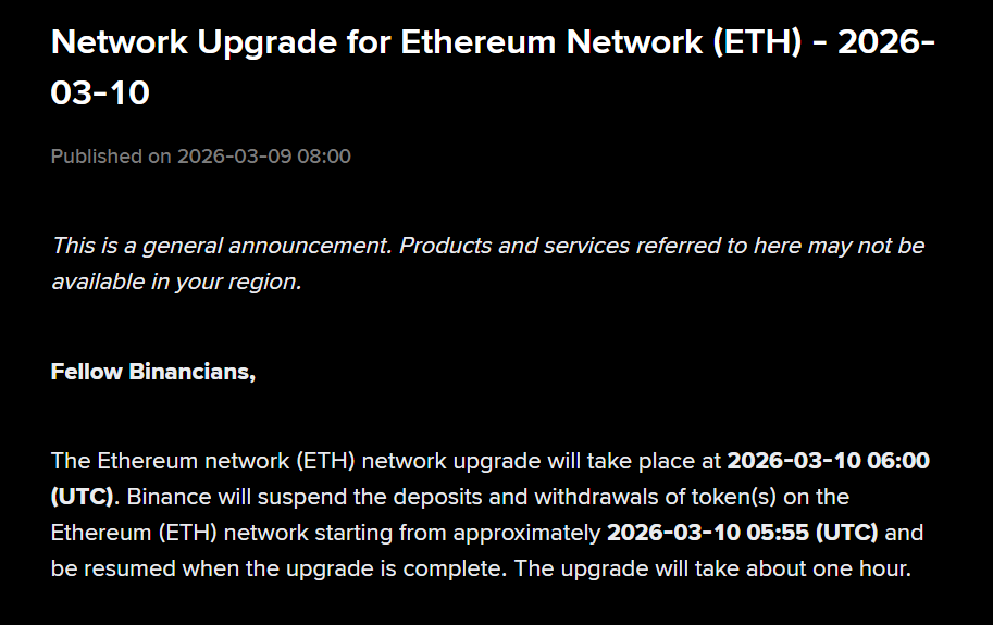 Binance tạm dừng nạp và rút ETH để hỗ trợ nâng cấp mạng Ethereum