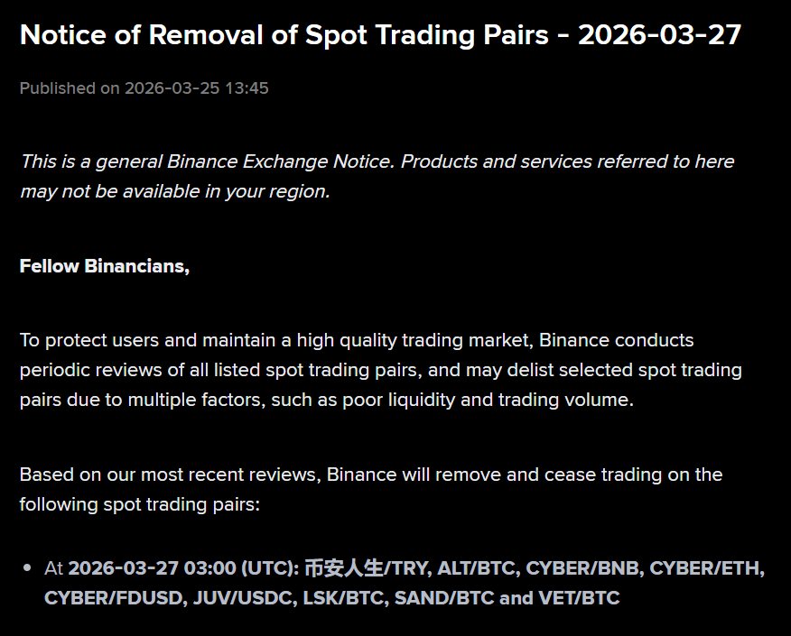 Binance hủy niêm yết 10 cặp giao dịch liên quan ETH, BNB 1 Thông báo của Binance