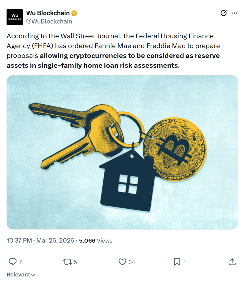 Mỹ lần đầu chấp nhận thế chấp mua nhà bằng Bitcoin và USDC 1 Thông tin từ Wu Blockchain