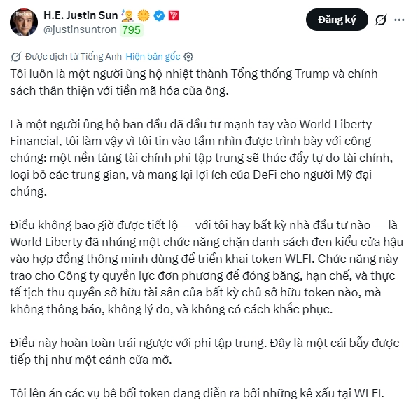 Justin Sun tố World Liberty Financial bí mật cài “cửa hậu” để kiểm soát tiền của nhà đầu tư