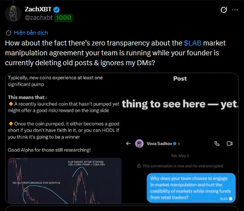 ZachXBT cáo buộc token LAB thao túng thị trường