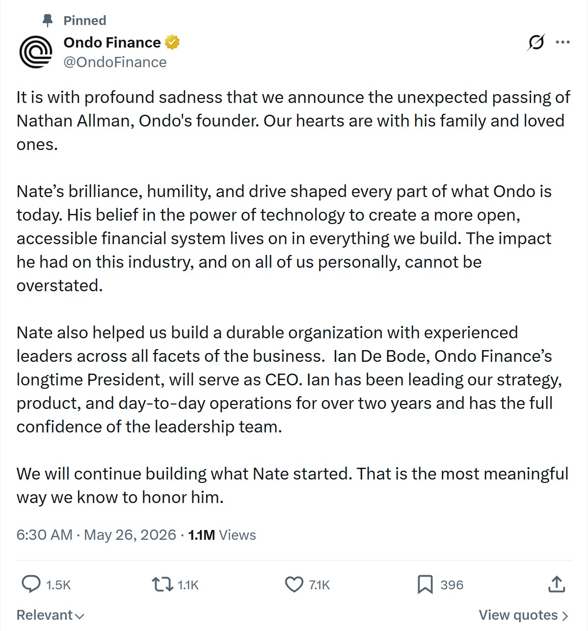 Ondo Finance chia sẻ về sự ra đi của Founder Nathan Allman