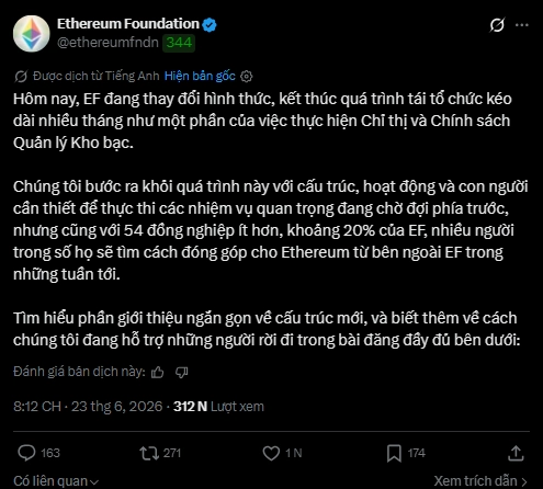 Ethereum Foundation cắt giảm 20% nhân sự, tái cơ cấu toàn diện để tăng tốc phát triển mạng lưới 1 Ethereum Foundation cắt giảm 20% nhân sự