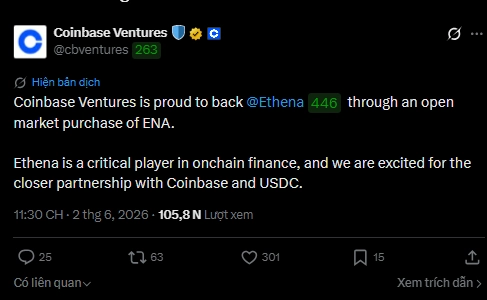 Coinbase đầu tư vào Ethena khiến giá ENA tăng 20%