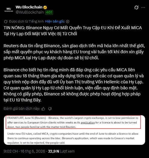 Binance đối mặt rủi ro chưa được cấp phép MiCA