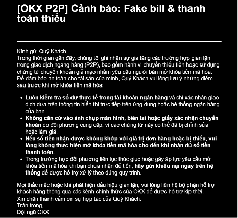 Khuyến cáo được OKX gửi tới mail người dùng