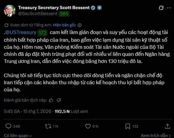 Mỹ phong tỏa thêm 130 triệu USD crypto của Iran