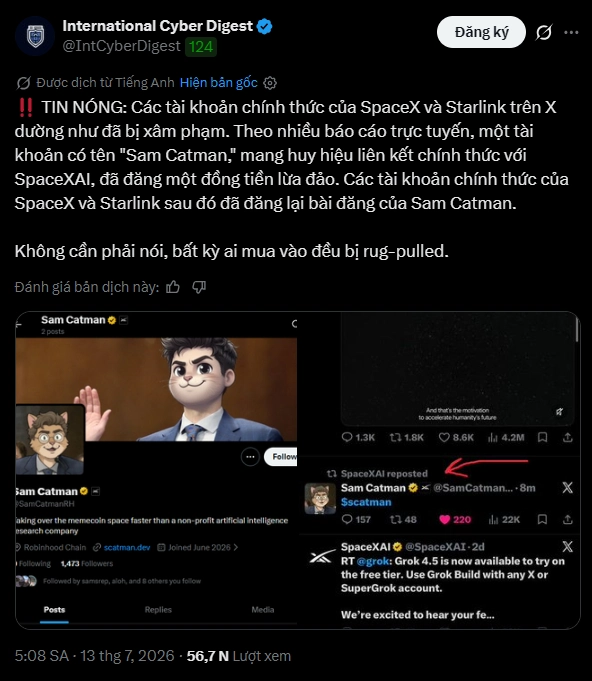 Tài khoản liên quan đến SpaceX bị hack để quảng bá memecoin 1 Tài khoản liên quan đến SpaceX bị hack để quảng bá memecoin
