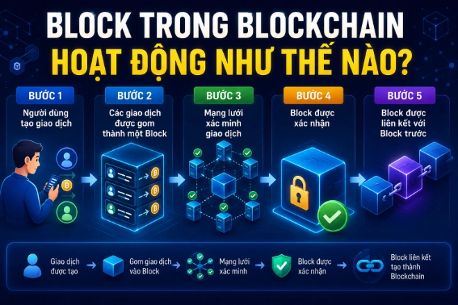Quy trình mô tả 5 giai đoạn  hoạt động của Block trong Blockchain