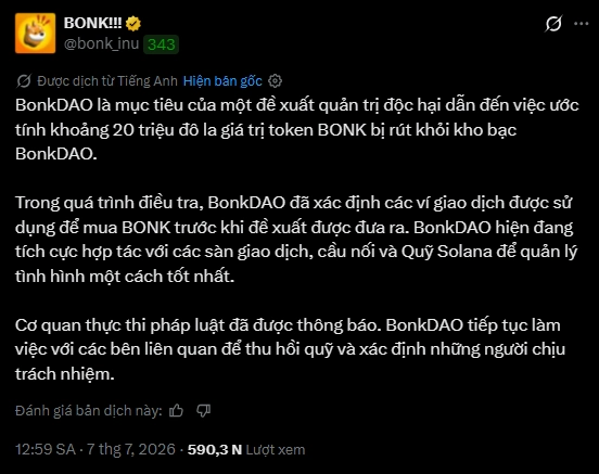 BonkDAO thất thoát gần 20 triệu USD sau khi đề xuất quản trị bị thao túng 1 thông báo từ Bonk
